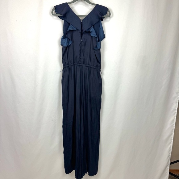 Loft Navy Satin Silky Flutter Sleeve Wide Leg Jumpsuit Sz 8 Contemporary Modern - Picture 4 of 16